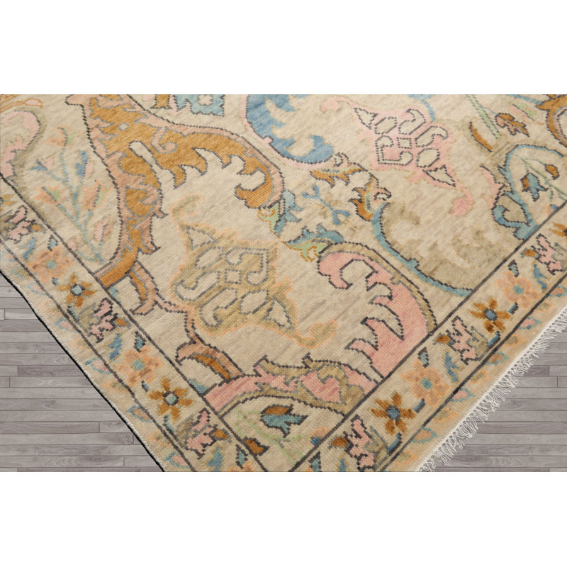 Tapis beige en laine noué à la main Oushak, Rectangulaire 8 pi x 10 pi