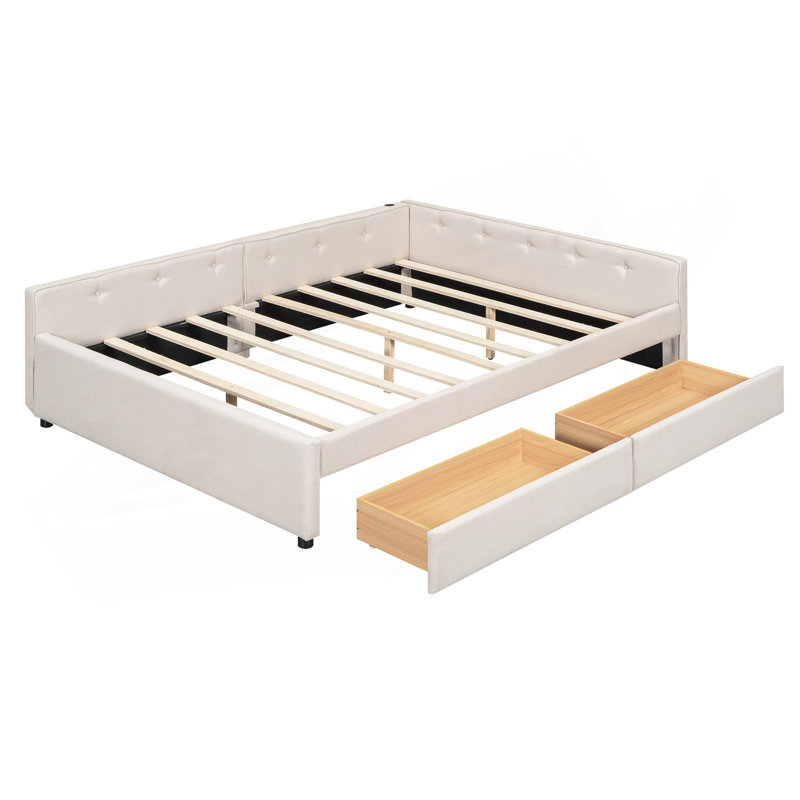 Queen Size Upholstered Platform Bed With USB And 2 Drawers, Beige
