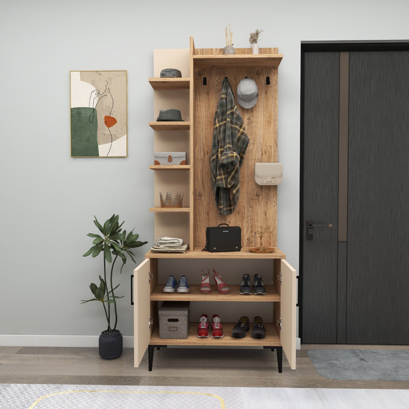 Support de couloir moderne avec option de fixation murale, pin atlantique et beige, 29,3 x 72,0 x 13,0 pouces | Panneau de particules enduit 100% mélamine, rangement supplémentaire avec nombreuses tablettes | Conception élégante et fonctionnelle pour le vestibule