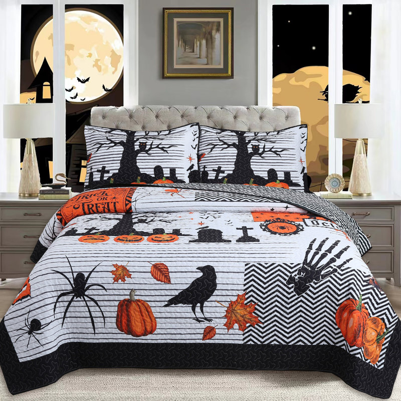 Ensemble de couvre-lit courtepointe 3 pièces Halloween ME511, Courtepointe pour grand lit + 2 taies décoratives