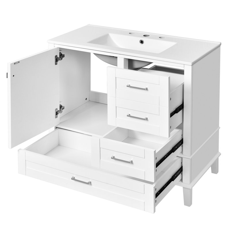 Meuble-lavabo moderne blanc avec tiroirs profonds et peu profonds - Solution de rangement spacieuse, fabrication d'armoire pratique et élégante