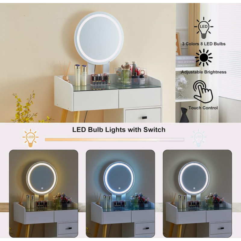 Dressing Table With LED Lights Glass Top Dressing Table With Extendable Side Table 5 Drawers Dressing Table With Mirror And Stool For Bedroom