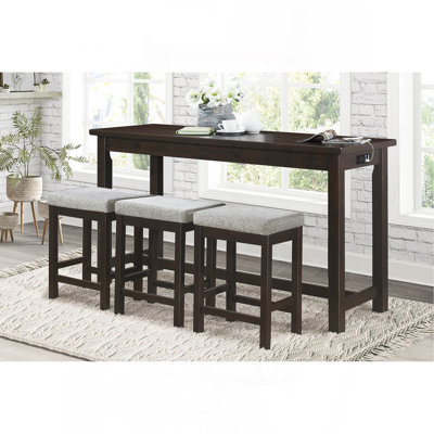 4Pc Counter Height Dining Set Espresso Finish Counter Height Table W Drawer Built-In USB Ports Power Outlets And 3 Stools Casual Dining Furniture