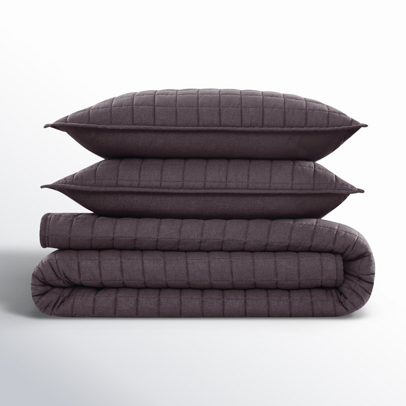 Nena 100% Linen Standard Solid Colour Quilt Set, Charcoal , Full / Double Quilt + 2 Standard Pillow Shams