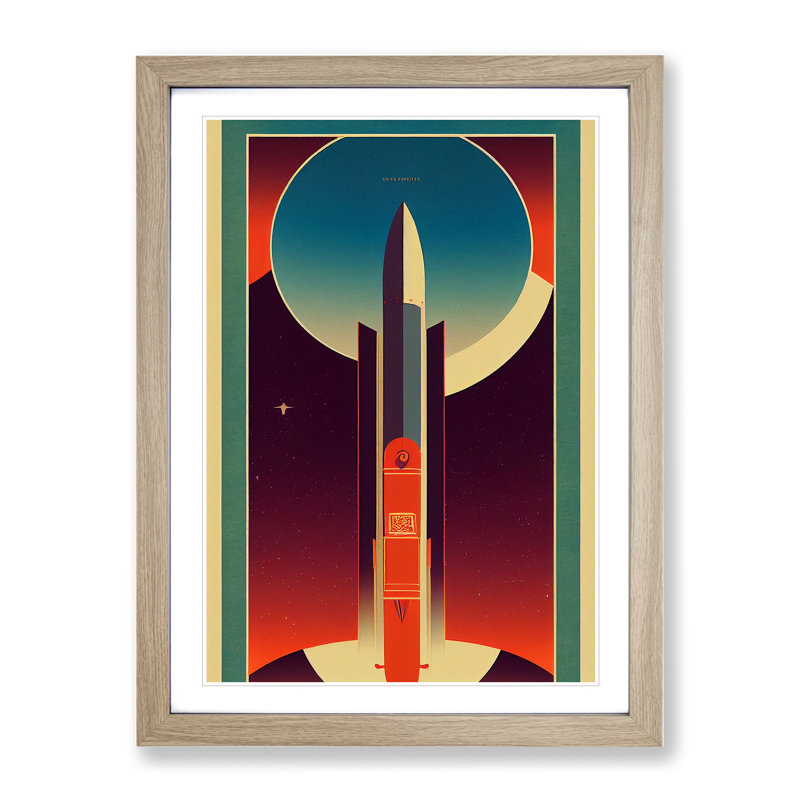 XV1022-4003X Spaceship Rocket Deco No.3 - Single Picture Frame Print, 34cm H x 25cm W x 2cm D, Oak