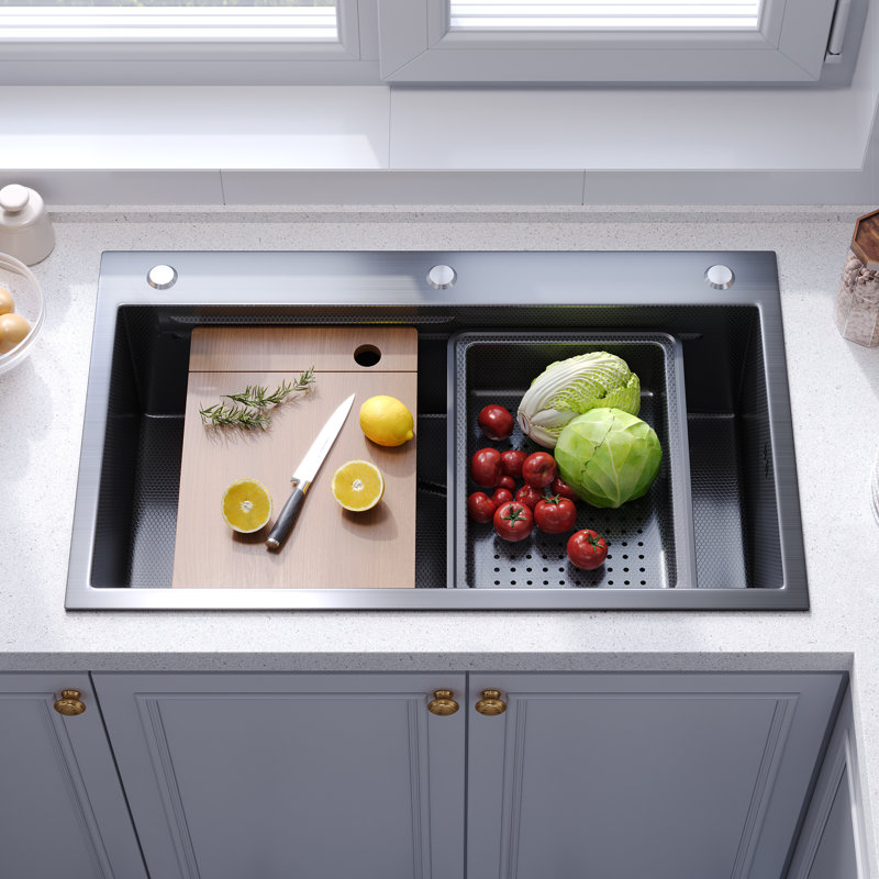 Évier de cuisine à simple cuve en acier inoxydable noir, évier de poste de travail encastré avec accessoires coulissants, sans robinet