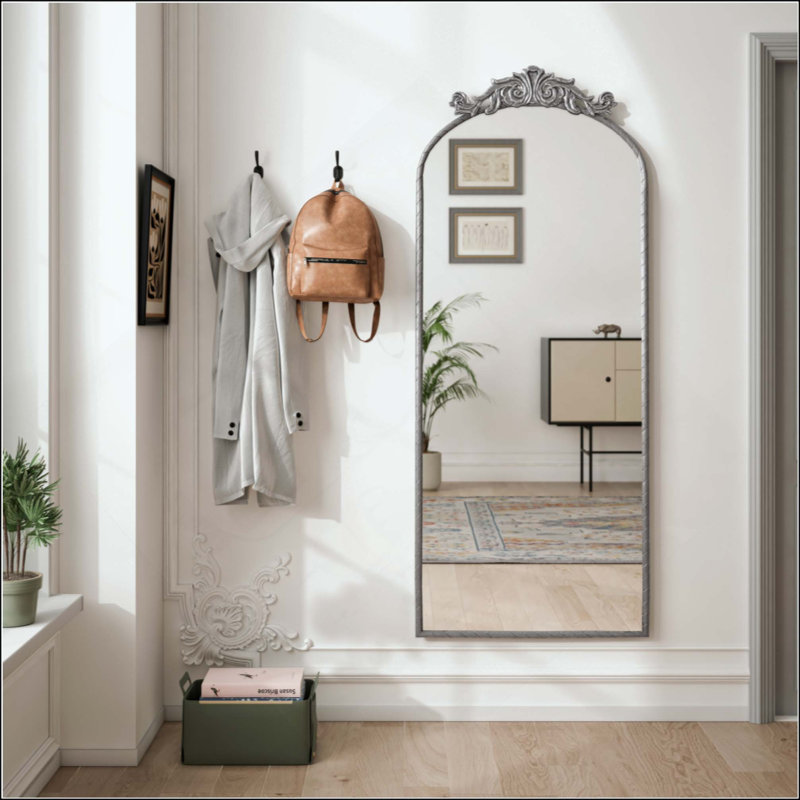 Arched Full Body Mirror With Ornate Carved Applique On Top, Hanging Wall Mounted Mirror, For Living Room Bedroom Retro Home Decor Mirror