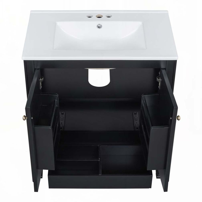 Meuble-lavabo de salle de bain avec lavabo en céramique, armoire et tablettes, Noir et or