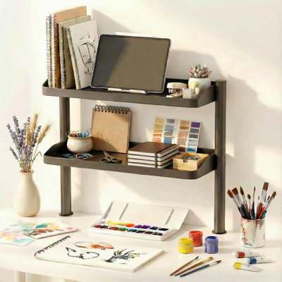 Clamp On Desk Shelf, 17In 2-Tier Office Desk Shelves Organizer, Small Shelf For Top Of Desk With Headphone Holder And Hooks, Desktop Storage Rack
