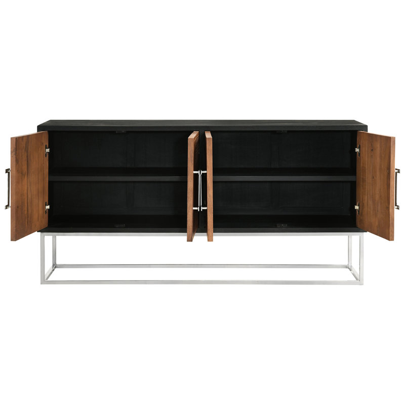 Unité de rangement 4 portes en noyer et argent, design rustique, charme industriel, structure en fer, finition, bois de manguier, tiroirs à fermeture en douceur, tablettes fixes, armoire d'organisation de salon avec minimaliste exotique