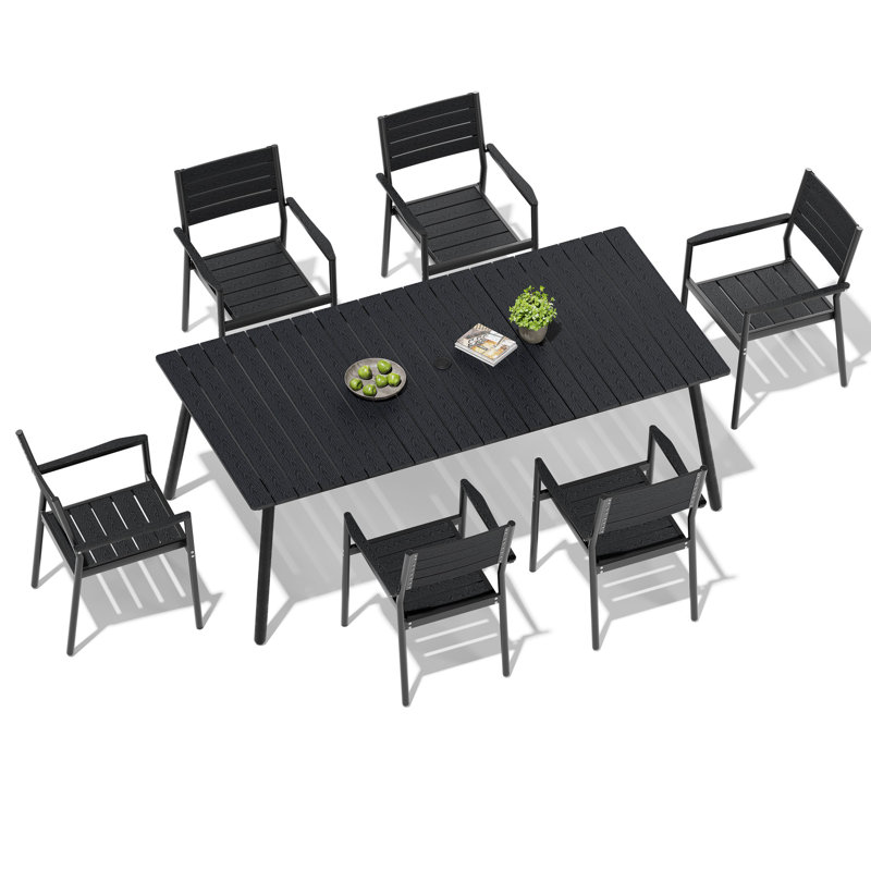 Ensemble de salle à manger pour l'extérieur 6 personnes L 82,48 po x L 40,55 po avec structure en aluminium, trou pour parasol et fauteuils