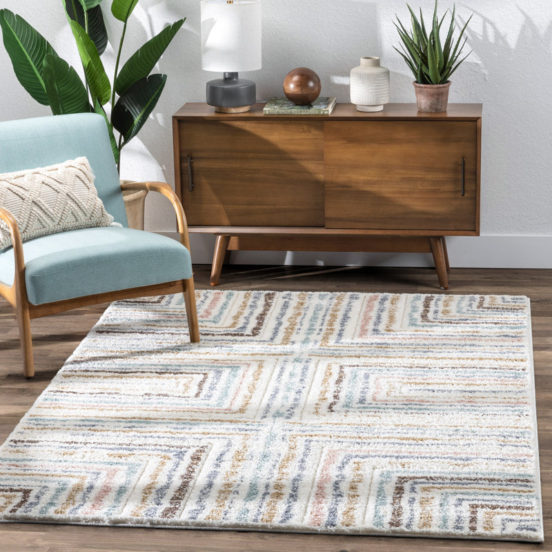 Markevion Evander Ivory High-Low Shag Rug - Modern Stripes