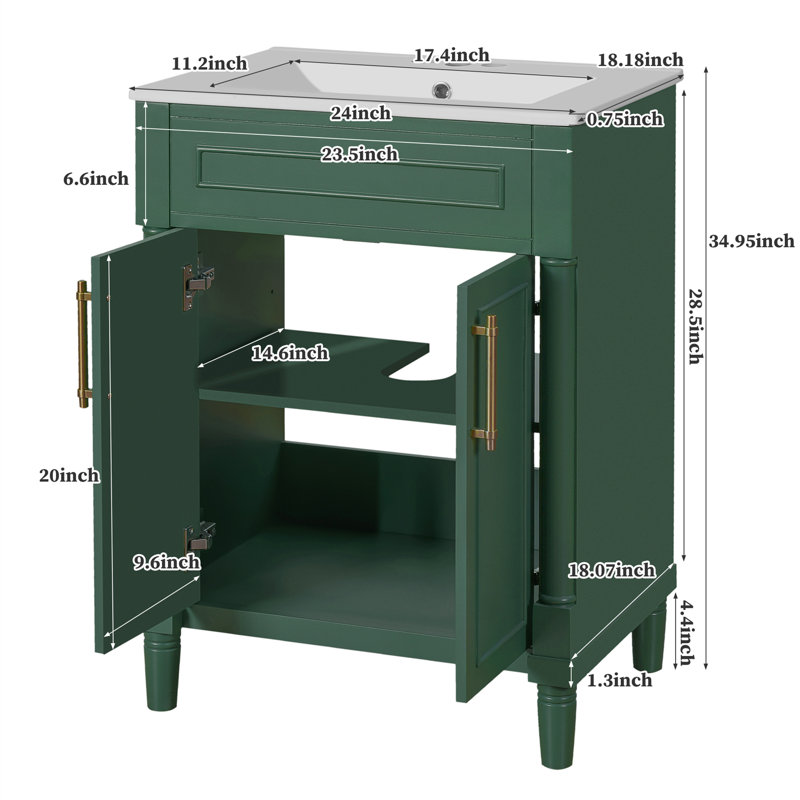 24" Freestanding Single Bathroom Vanity with Ceramic Sink Top and An Adjustable Shelf, Green