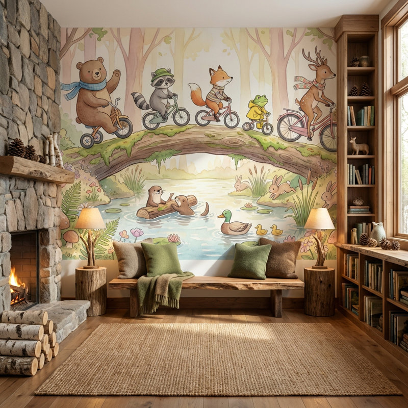 Murale fantaisiste avec papier peint forêt fantaisiste, 160"x108", Peler et coller