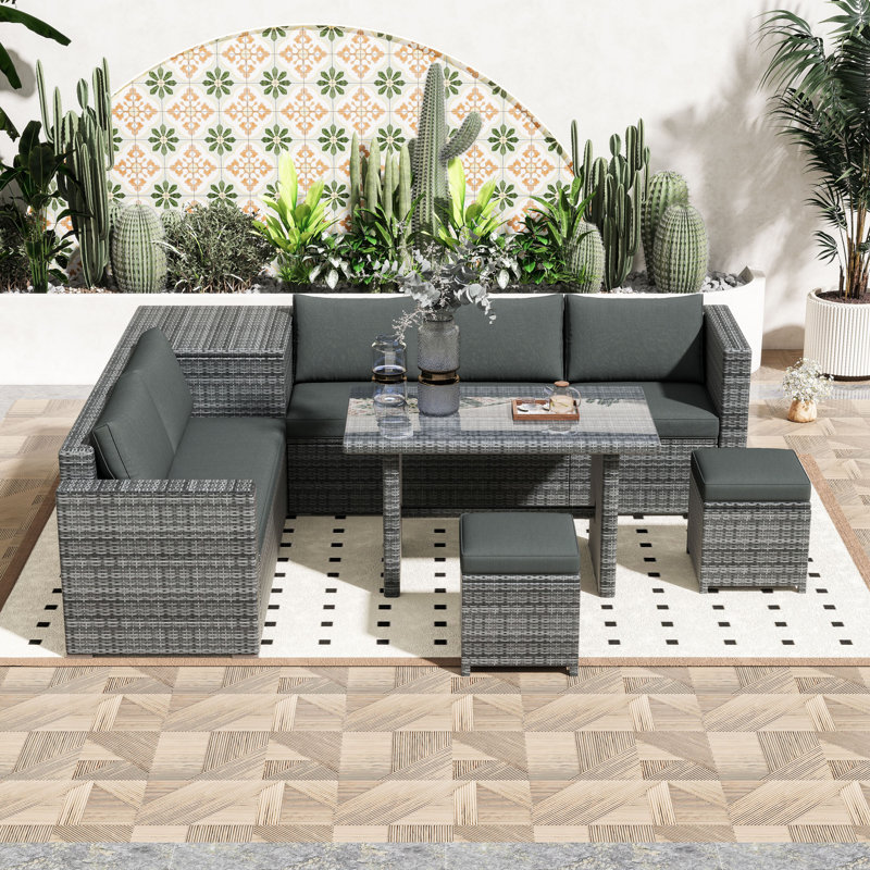 6-Piece Outdoor Sectional Sofa Set with Adjustable Backrests, Spacious Storage and Glass-Top Table, Grey