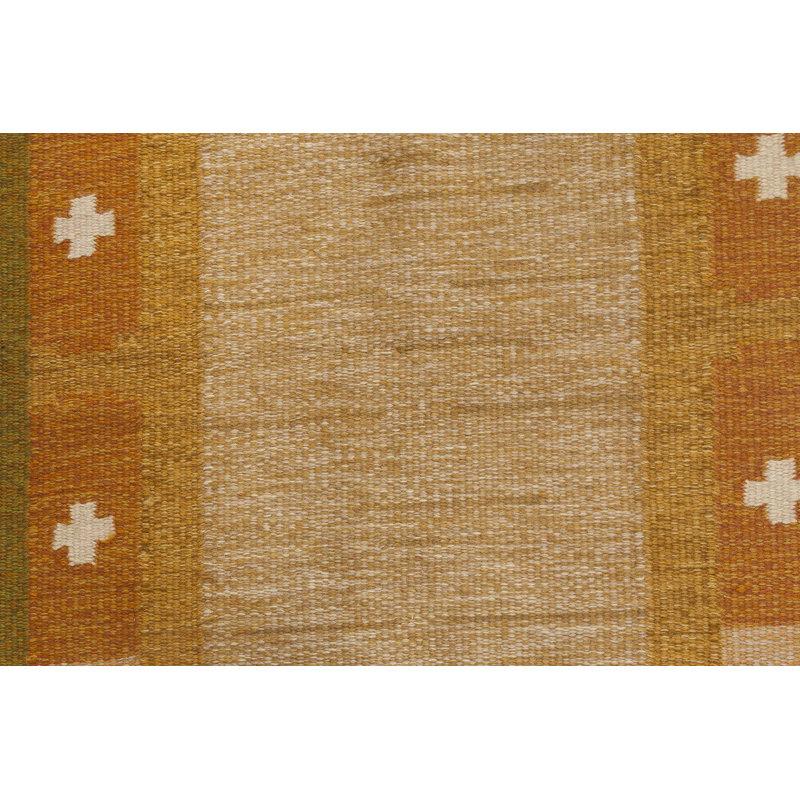 Tapis vintage brun / jaune à tissage plat Mid-20Th Century 5 pi 5 po x 7 pi 8 po Vintage par Ingegerd Silow