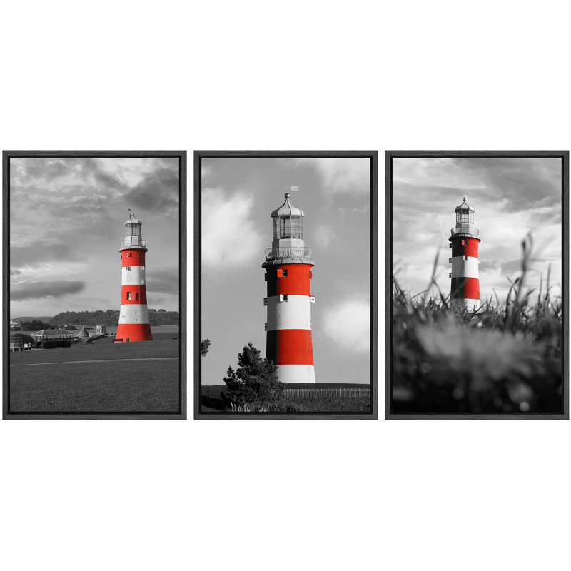 Bright Color Lighthouse with Black and White Landscape Modern Wall Decor, 24" H x 48" W, Black Floater Framed