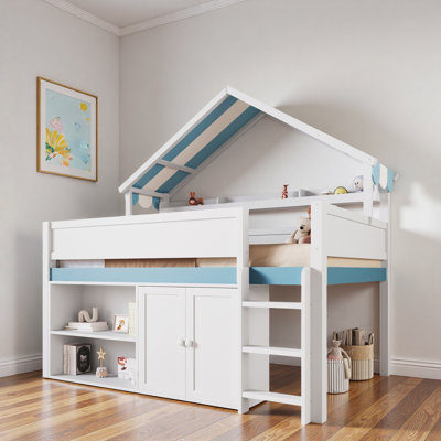 Lit mezzanine avec tablettes intégrées, armoire de rangement et toit à baldaquin
