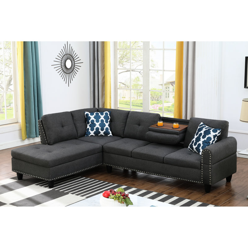 Canapé modulaire en forme de L gris anthracite 3 pièces avec console porte-gobelet, idéal pour les soirées cinéma, deux coussins décoratifs et rangement intérieur, structure en bois massif et en bois d'ingénierie, similicuir neutre, mousse