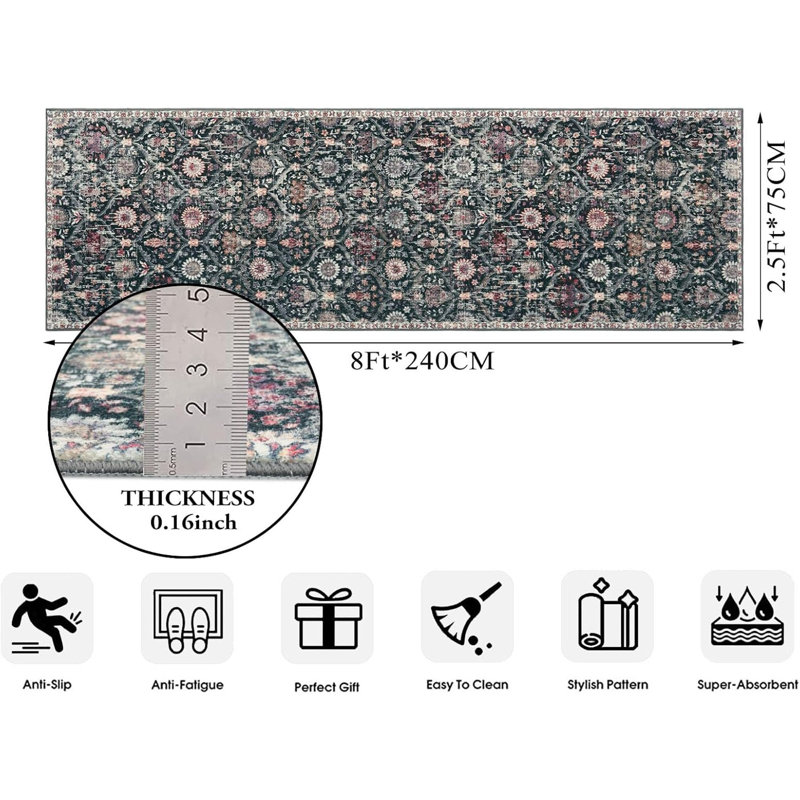 Moroccan Trellis Washable Area Rug, Rug Soft Non-Slip, Non-Shedding Distressed Circle Carpet For Bedroom Living Room Bathroom Nursery Kitchen, Black/Multi