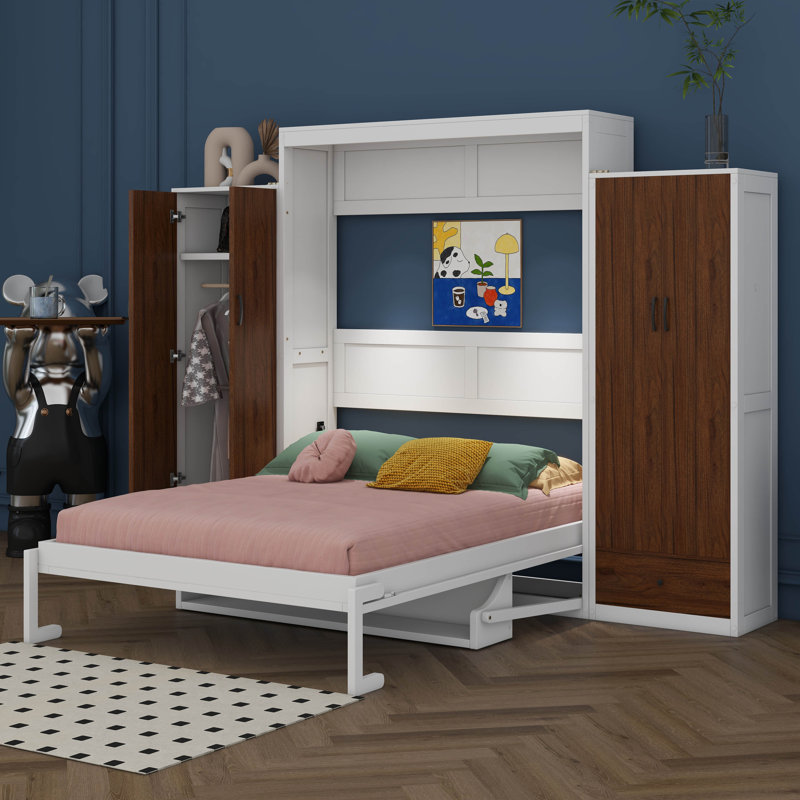 Lit escamotable Murphy avec placard, tiroirs et bureau intégré, lit plateforme traditionnel en bois massif, Double