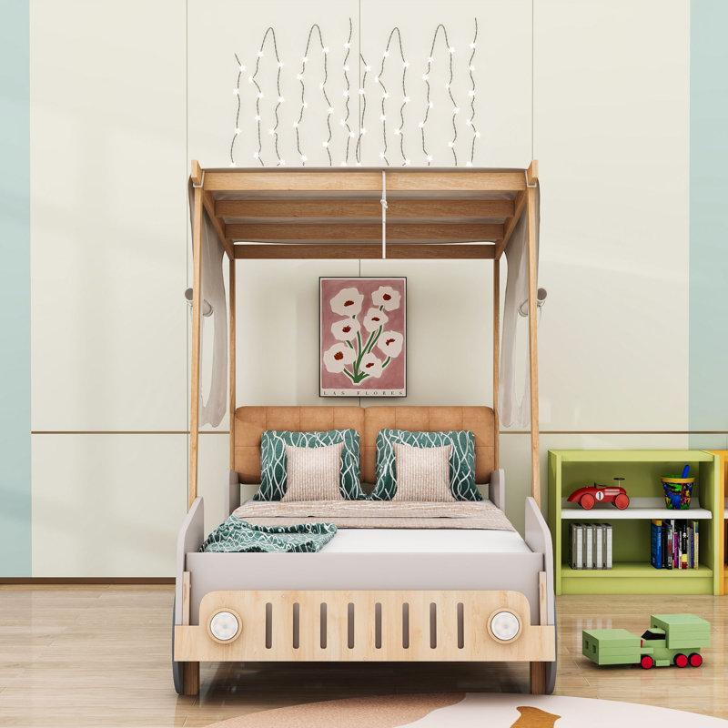 Jainy Wood Bed with Shelf and LED, Twin