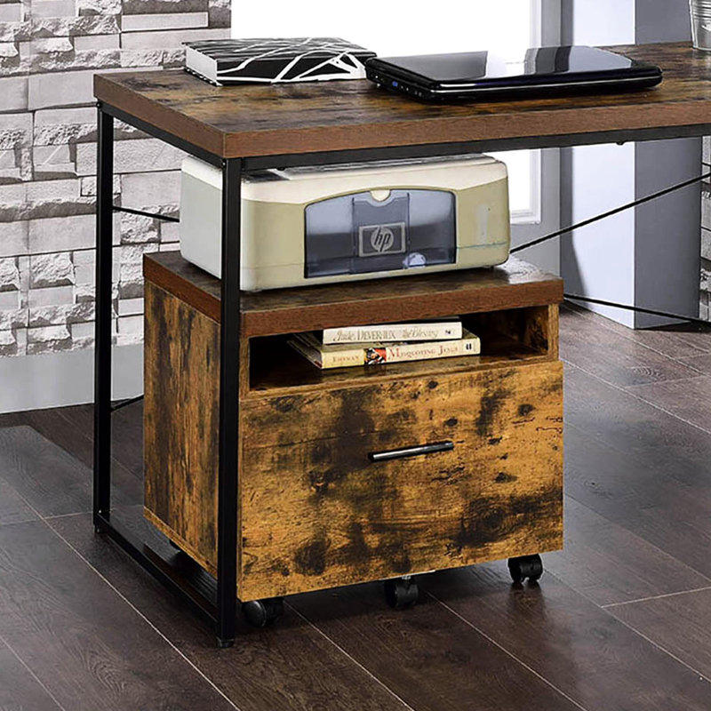 1 Office File Cabinet In Rustic Weathered Oak And Black - With Open Compartment Mobility, 18.5" X 19.5" 16.5 Filing 1 Drawer, Style For