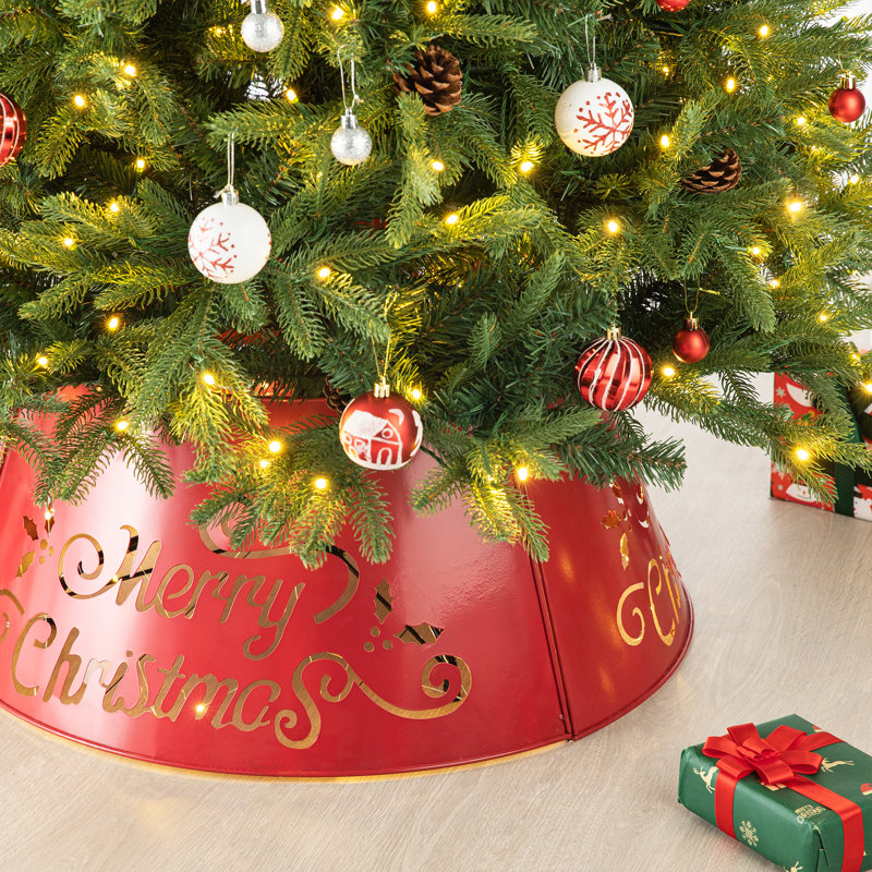 Red Metal Merry Christmas Tree Collar with Lights