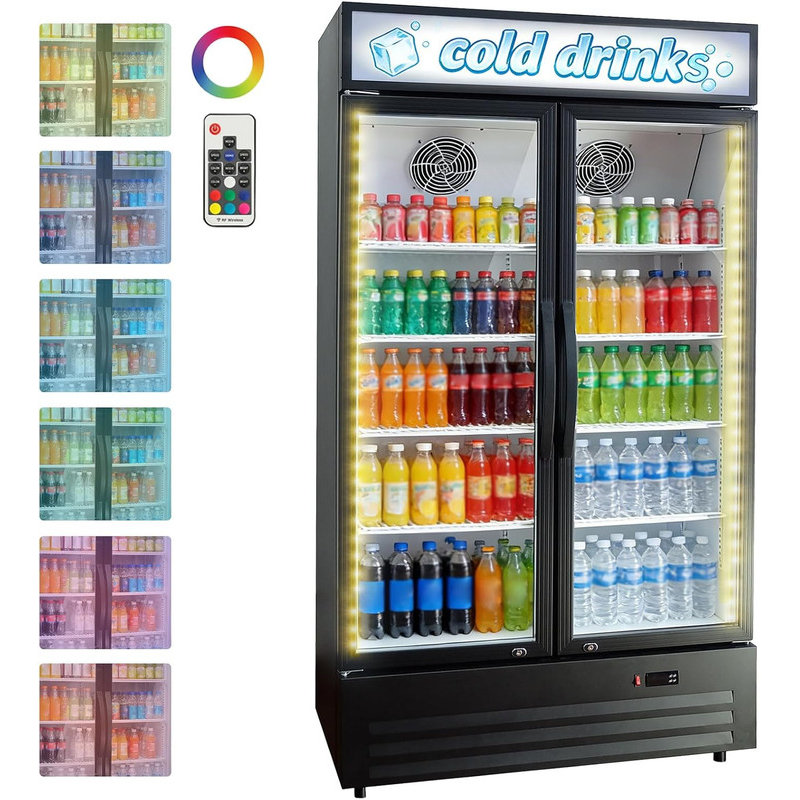 34.8 Cu.Ft Commercial Beverage Cooler, Double Door Glass Display Fridge with RGB Lights, Matte Black