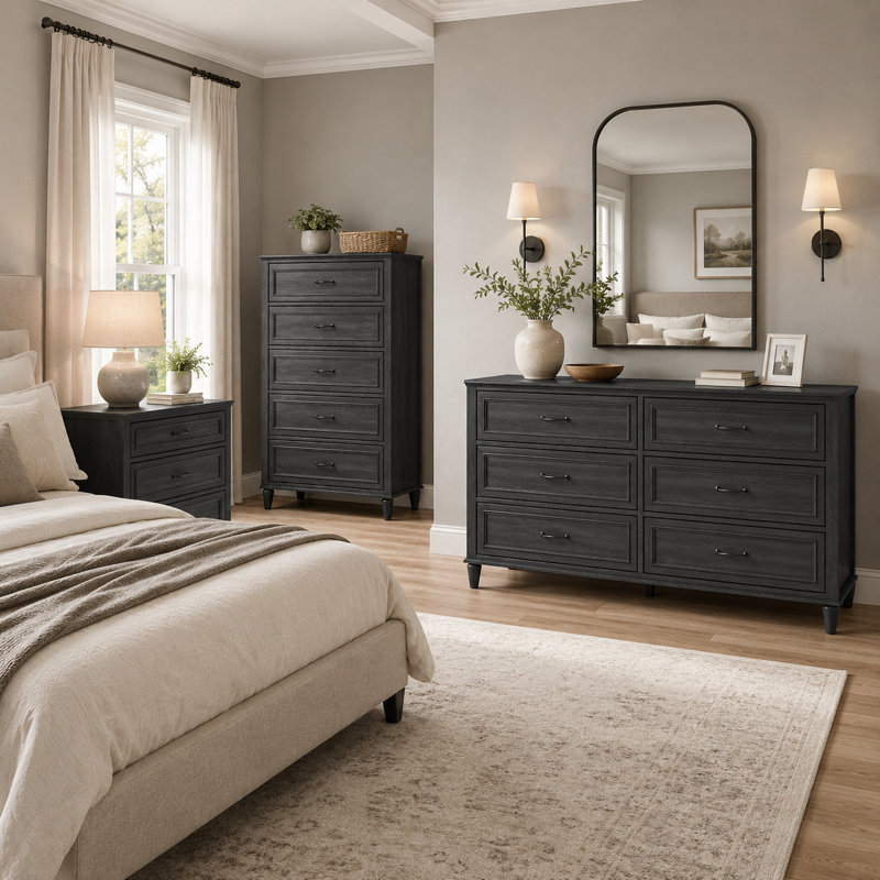 Cynthiana 3-Piece Bedroom  Set with 3-Drawer Dressers, 5-Drawer Chest and 6-Drawer Dresser, Charcoal