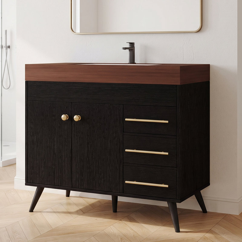 Meuble-lavabo simple autoportant noir de 91 cm (36 po) avec lavabo en céramique, dessus en pierre frittée brun chaud et 3 tiroirs