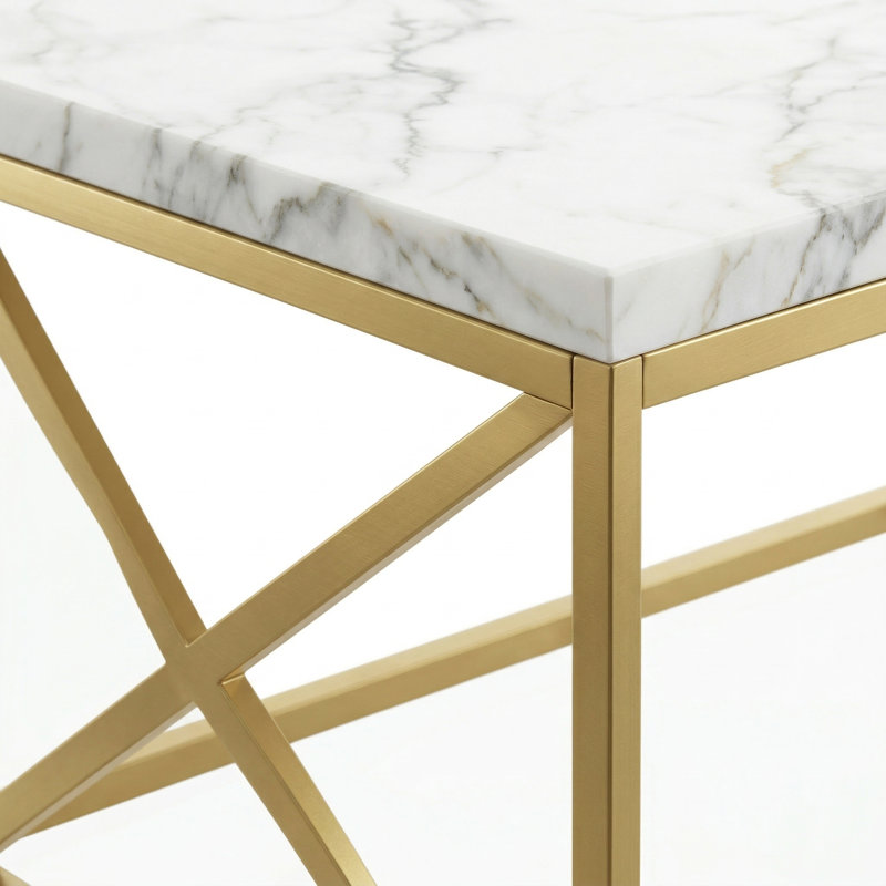 Table basse Brady, plateau en faux bois, structure en X en métal, H 17 po x L 44 po x l 22 po, Marbre blanc, Doré