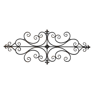 Vintage Black Wrought Iron Wall Decor 45" X 18", Hanging Distressed Finish Fleur De Lis Scroll Metal Wall Art
