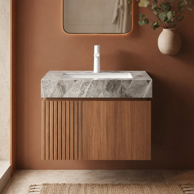 Meuble-lavabo flottant mural 24 po avec comptoir en pierre frittée et lavabo en céramique, fermeture en douceur