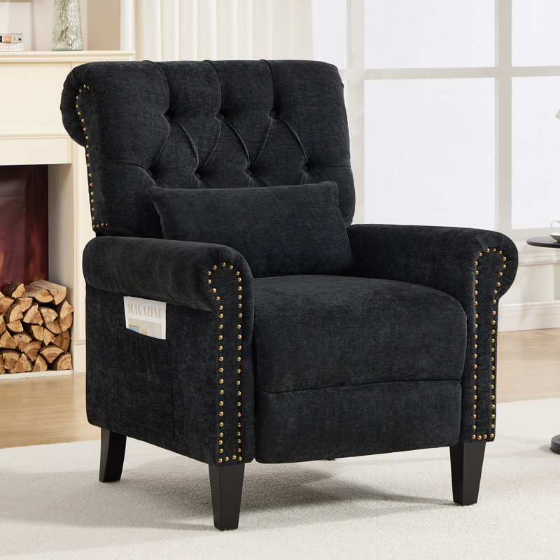 Fauteuil inclinable en chenille avec capitonnage et garniture cloutée, Noir