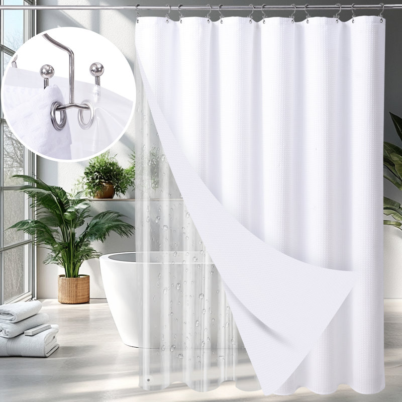 3-In-1 Waterproof Waffle Reversible Shower Curtain Liner Set With 12 Stainless Steel Hooks, White