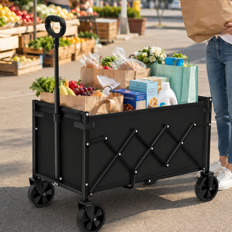 Black Foldable Utility Wagon, 360° Wheels, and Adjustable Handle