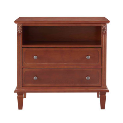 Open Space and 2 Drawers Dresser Nightstand with Charging Station, Farmhouse End Table with USB Ports and Outlets, Fluted Pilasters Design Side Table with Solid Wood Legs