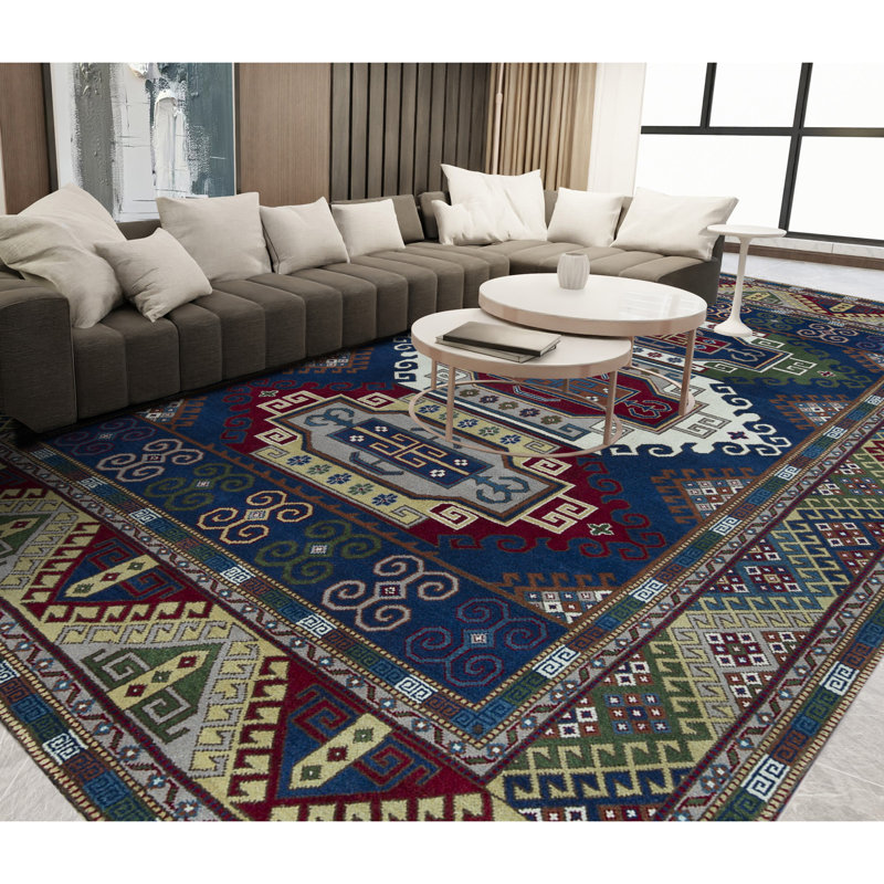 Wool Oriental Area Rug in Blue/Cream/Wine/Green