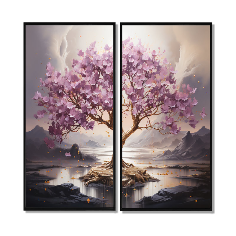 Arbre de fleurs de cerisier mauve au bord du lac I - art mural sur toile mauve 2 pièces, H 40 po x l 40 po, Noir