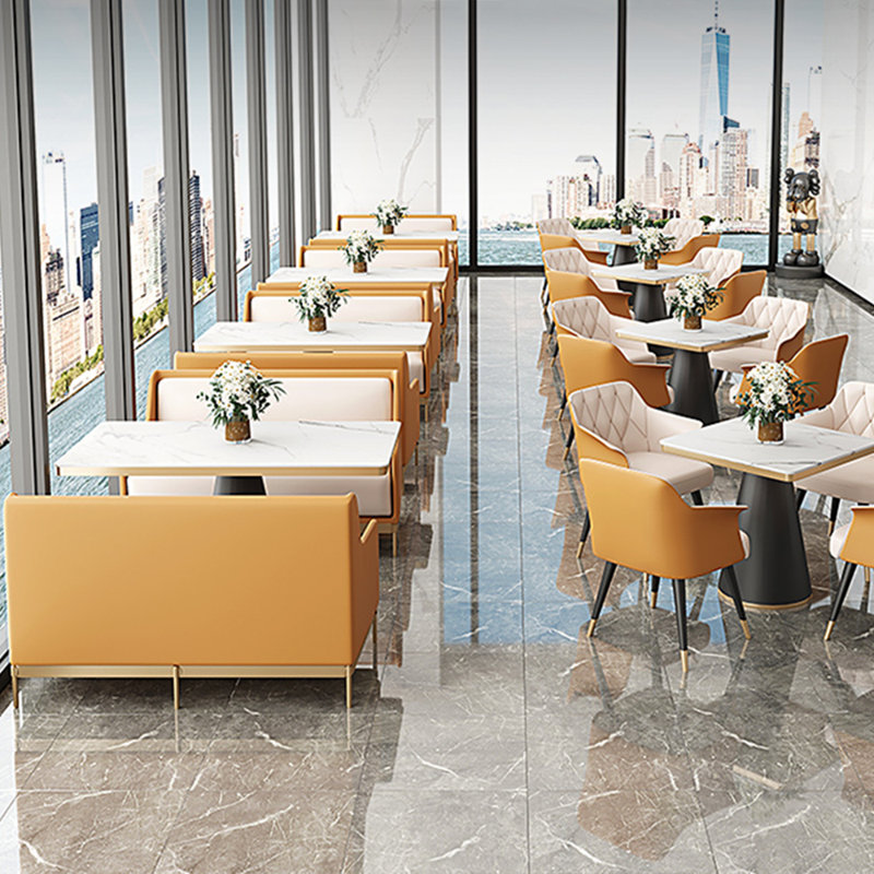 Italian light luxury restaurant cafe benches Faux Leather Upholstered Bench, Orange/Off White