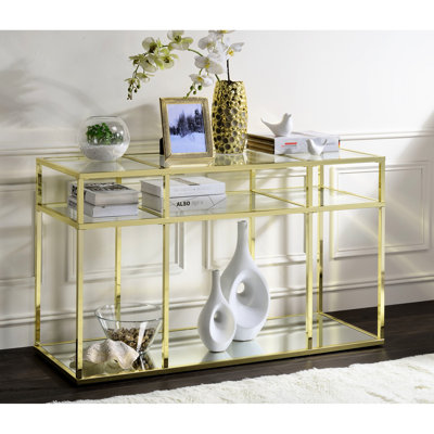 Table à 1 niveau avec finition dorée en verre transparent, plateau en verre trempé de 5 mm, matériau en tube métallique, dimension de 18 pouces de profondeur, largeur du produit: 30, hauteur, 46 lb, poids: 70