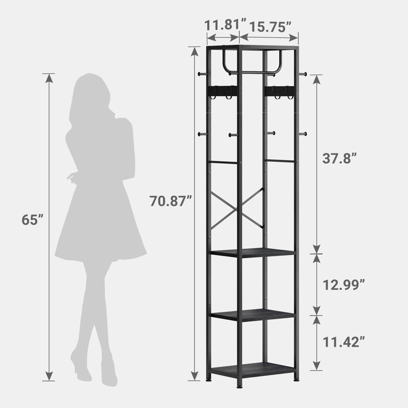 Freestanding 12-hook Coat Rack With Shoes Shelves, Black