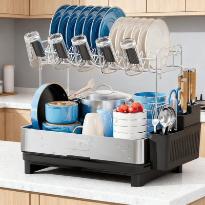 2-Tier Stainless Steel Dish Drying Rack With Automatic Drainage, Utensil And Cup Holder, Large Capacity Space Saving Kitchen Counter Dish Drainer
