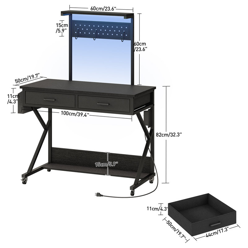39.4" Mobile Computer Desk Industrial-Style Gaming Desk Rolling Home Office Table with Power Strip and LED Lights, Black