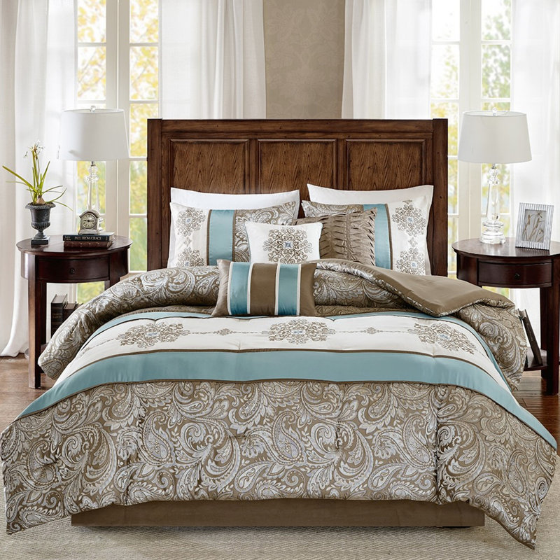 Édredon très grand bleu avec motif cachemire et accents brun chaud 7 pièces, Édredon de très grande taille et 6 pièces suppl