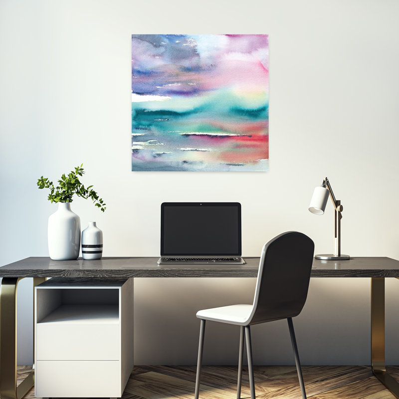 Art dramatique abstrait océan côtier en soirée, H 18 po x l 18 po