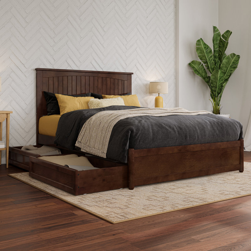 Lamaiyah Solid Wood Platform Bed with Footboard and Storage Drawers, Full, Walnut