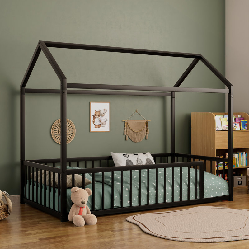 Structure de lit en métal de style Montessori, lit en forme de maison avec clôture pour et tout-petits, assemblage facile, sans lattes