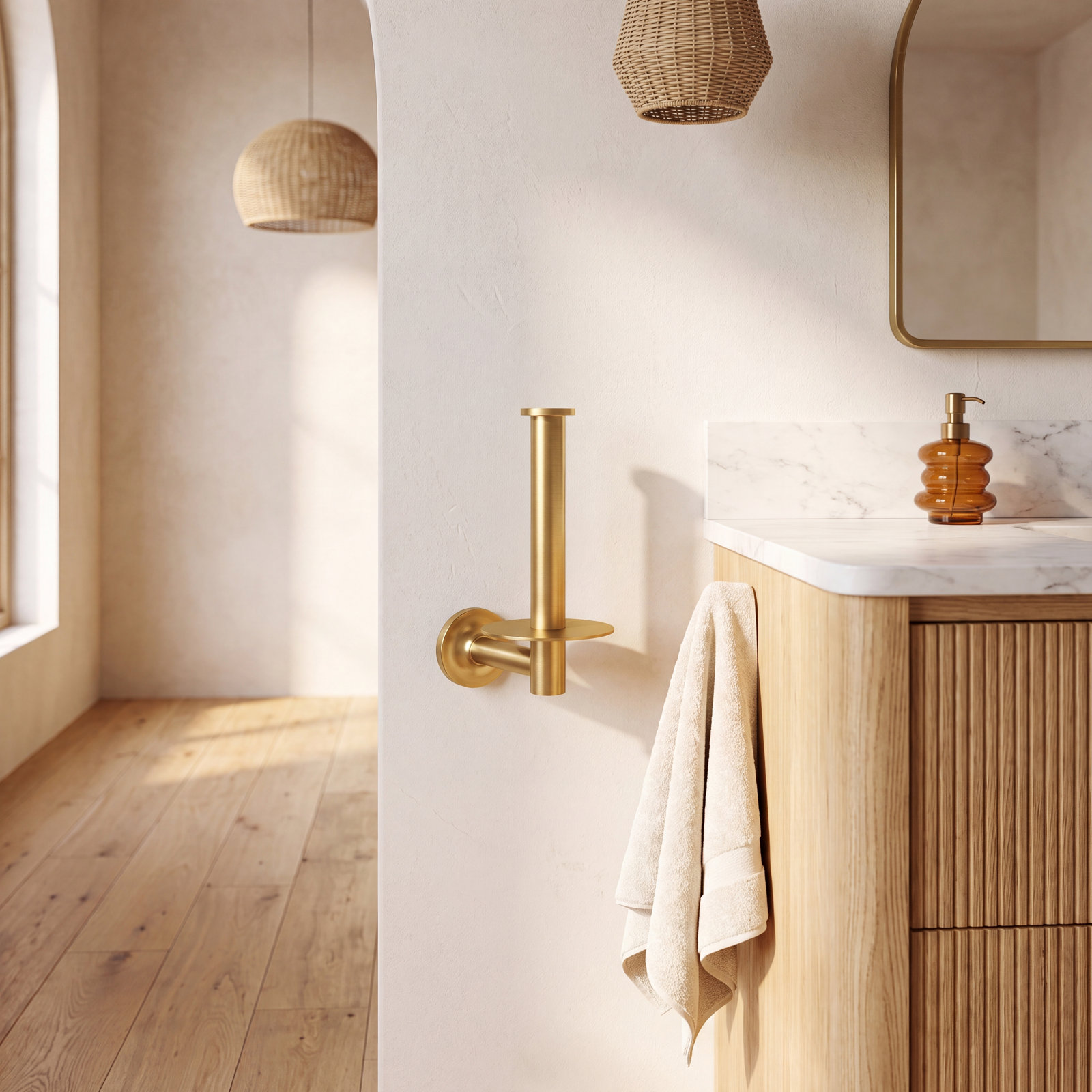 Purist Vertical Toilet Paper Holder, Vibrant Brushed Moderne Brass